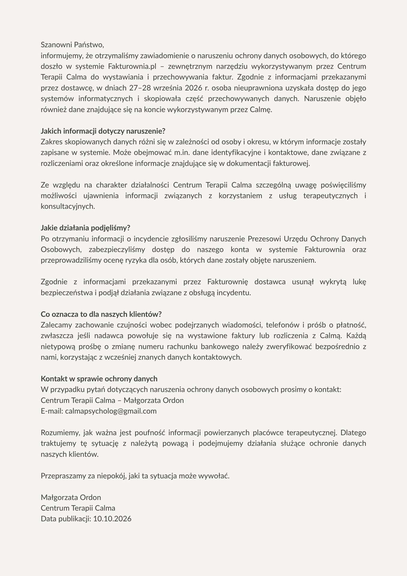 Informacja dotycząca naruszenia ochrony danych osobowych u dostawcy systemu fakturowania
